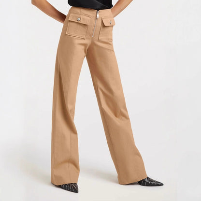 Wide-Leg Trousers with High Waist, Front Zipper, and Patch Pockets