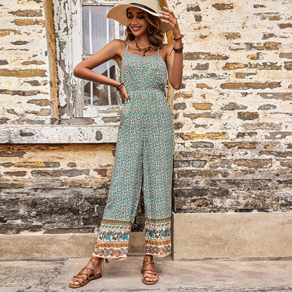 Floral Print Straight-Leg Jumpsuit with Spaghetti Straps