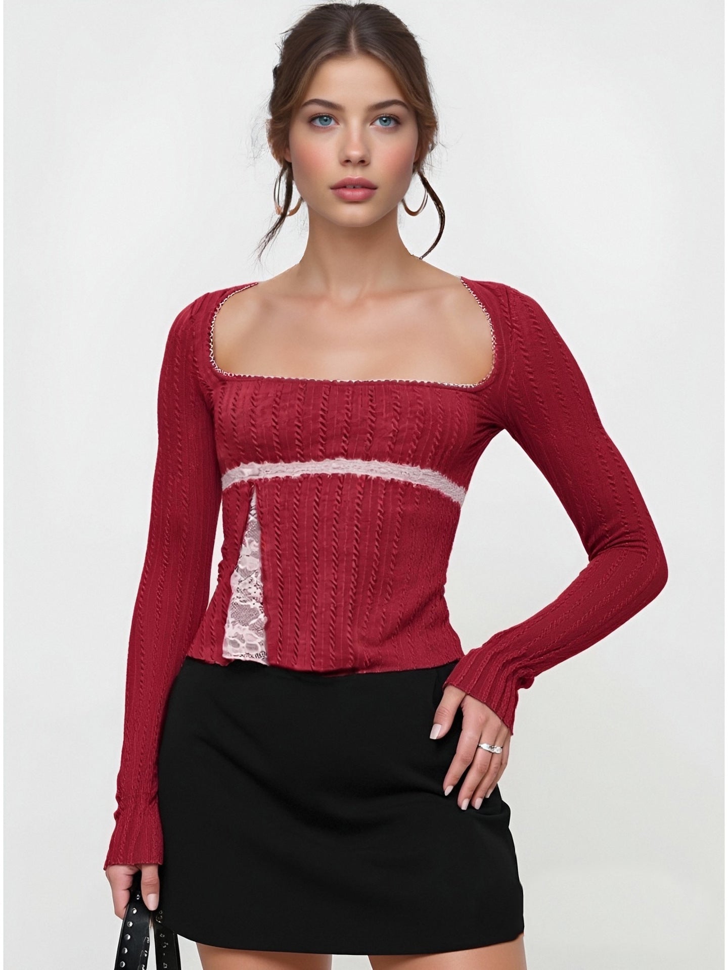 Slim Fit Long Sleeve Top with Square Neck and Lace Splicing