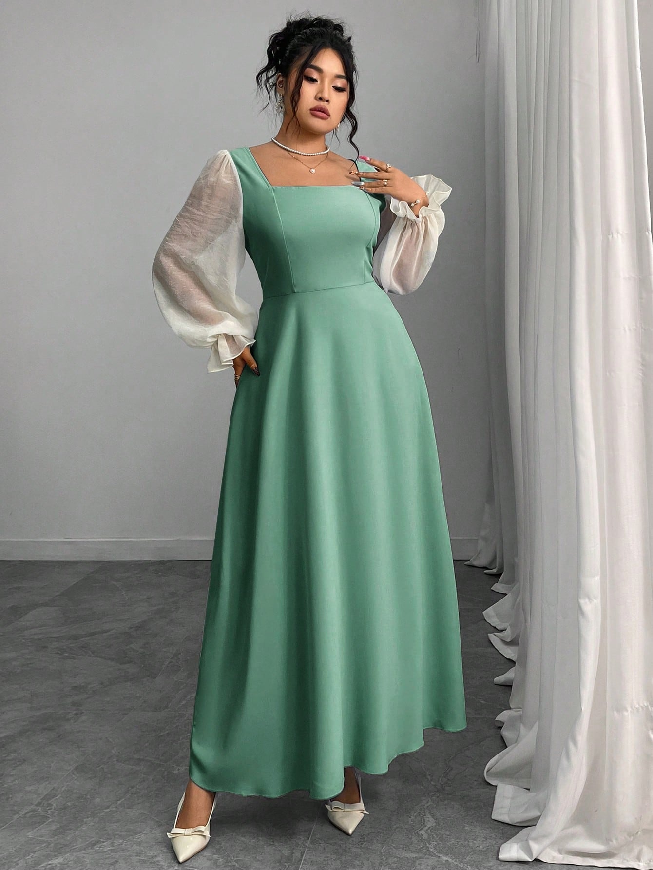 A-Line Maxi Dress with Square Neck and Sheer Puff Sleeves
