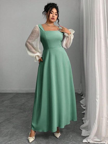 A-Line Maxi Dress with Square Neck and Sheer Puff Sleeves