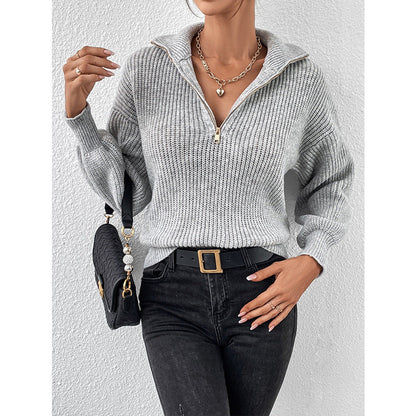 Loose Ribbed Knit Pullover with Half-Zip Polo Collar