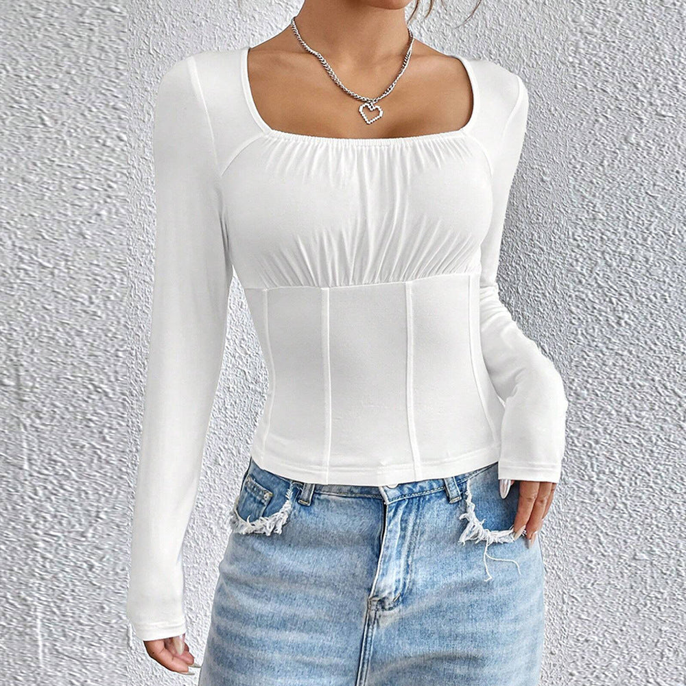 Slim Long Sleeve Top with Square Neck and Ruched Bust