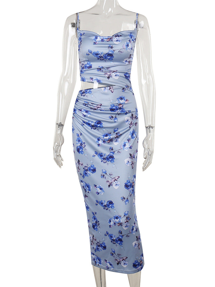 Floral Print Bodycon Maxi Dress with Cowl Neck and Cutout