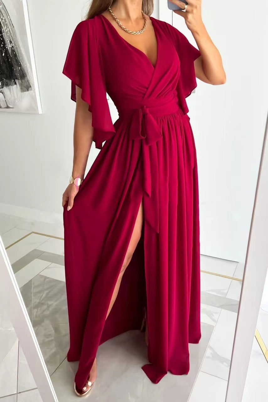 Solid Maxi Dress with Wrap V-Neck, Tie-Waist, and Slit