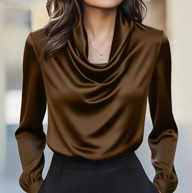 Solid Swing Collar Blouse with Long Sleeves and Satin Finish