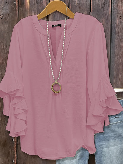 Solid V-Neck Top with Three-Quarter Tiered Ruffle Sleeves