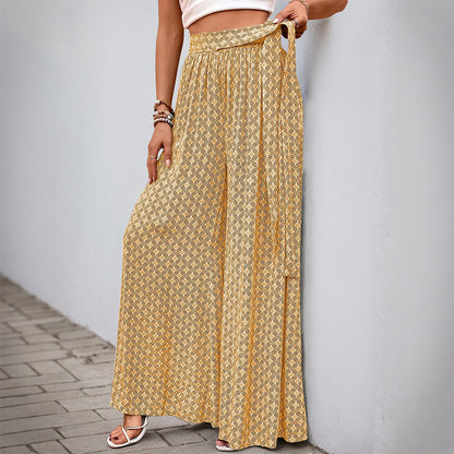 Geometric Print Flared Pants with Tie-Waist and Slit