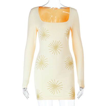 Bodycon Mini Dress with Sunburst Print and Square Neck