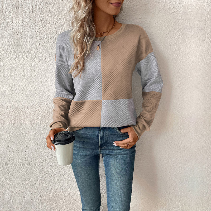 Long-Sleeved Color-Blocked Pullover with Textured Fabric