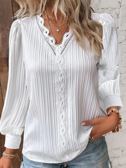 Long-Sleeve Pleated Blouse with V-Neck and Lace Trim