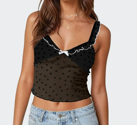Cropped Heart Mesh Camisole with Lace Trim and Bow Detail
