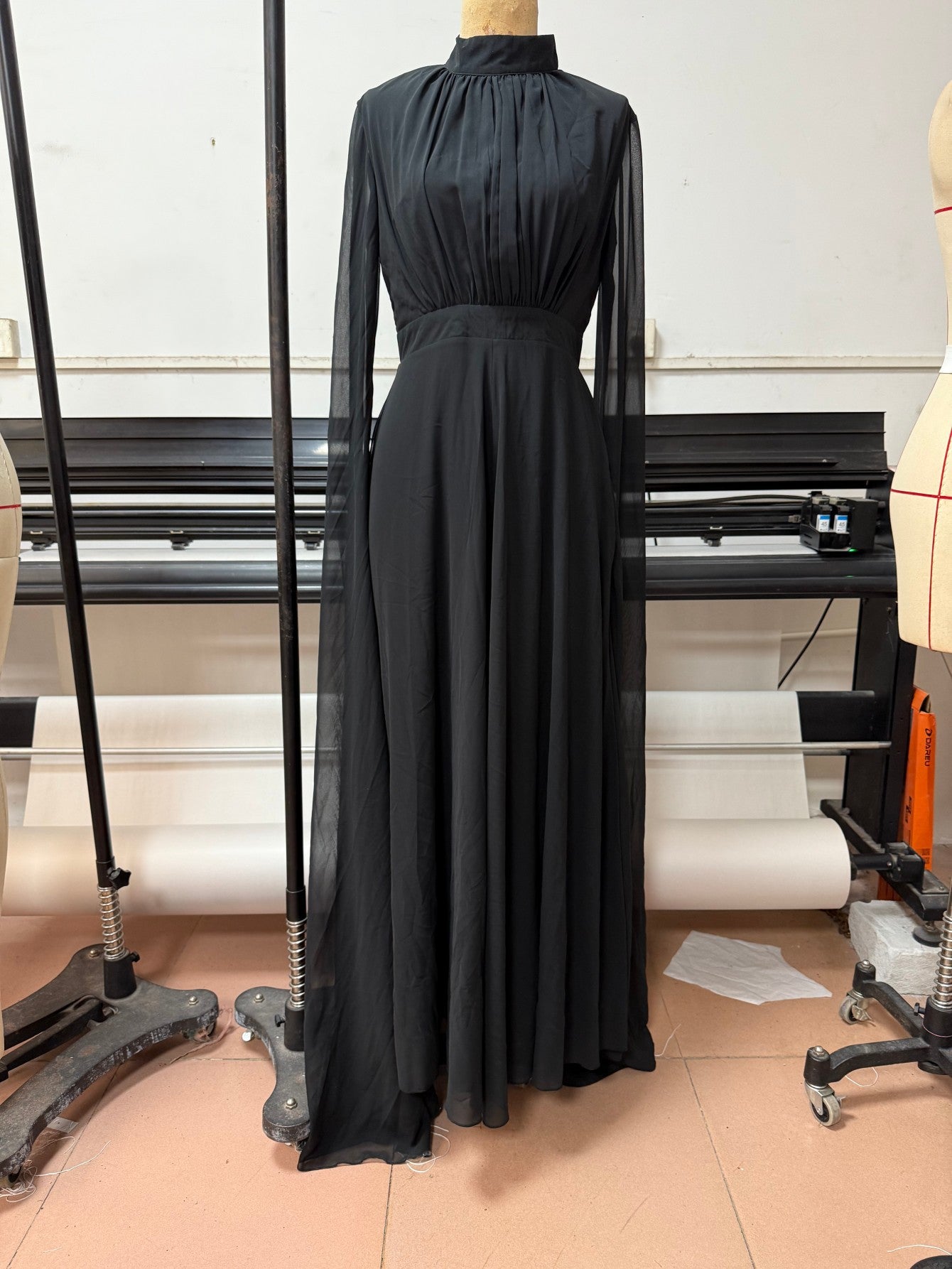 Pleated Wide Leg Jumpsuit with High Neck and Cape Sleeves