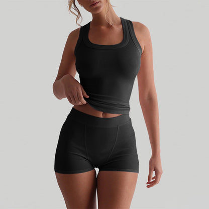 Solid Ribbed Knit Square Neck Tank and Boxer Shorts Loungewear Set