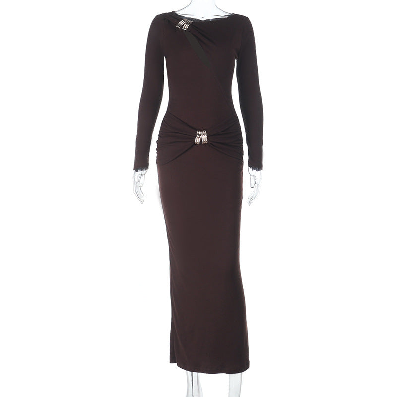 Bodycon Maxi Dress with Diagonal Cutout and Metal Accents