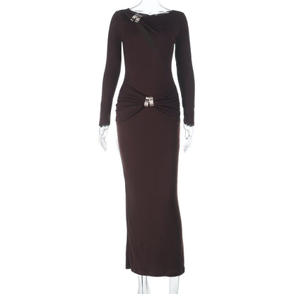 Bodycon Maxi Dress with Diagonal Cutout and Metal Accents
