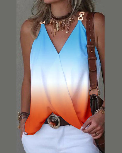 Printed Sleeveless Top with V-Neck and Metal Buckle Straps