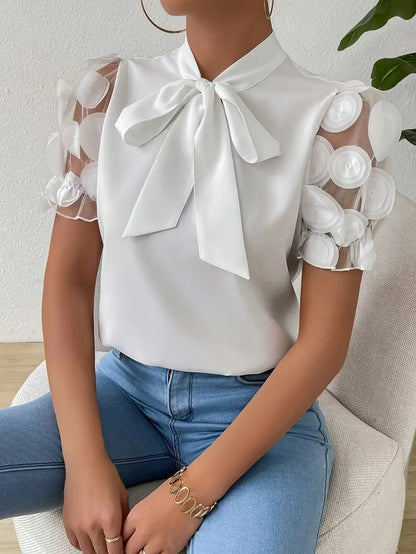 Solid Blouse with Pussy Bow Collar and Applique Puff Sleeves