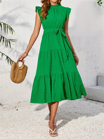 Textured Tiered Midi Dress with Ruffled Mock Neck and Tie Waist