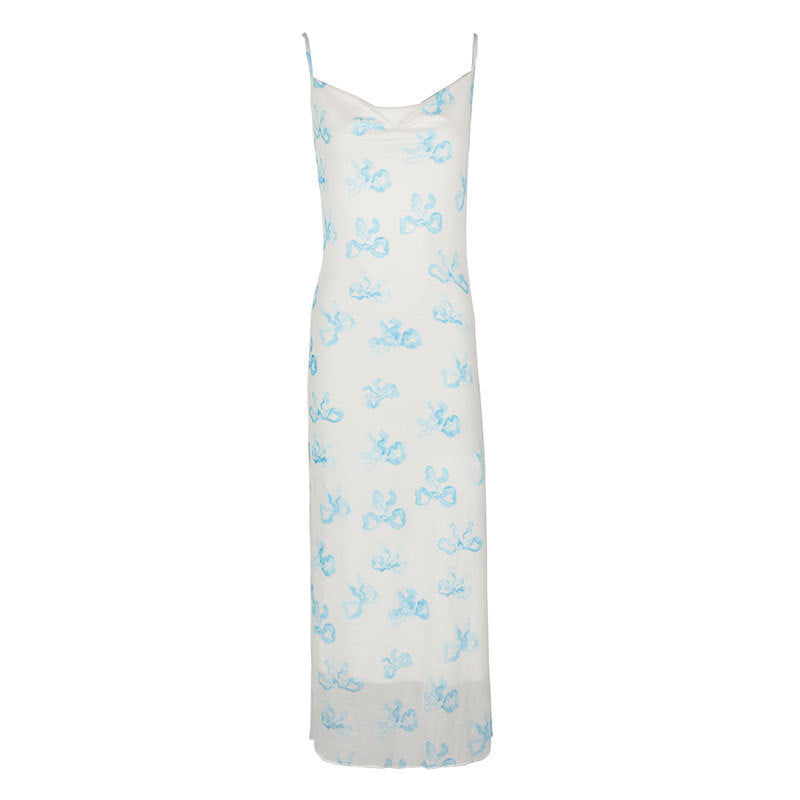 Blue Bow Print Mesh Maxi Slip Dress with Draped Neckline