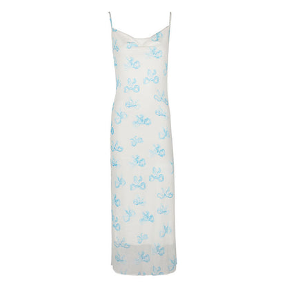 Blue Bow Print Mesh Maxi Slip Dress with Draped Neckline