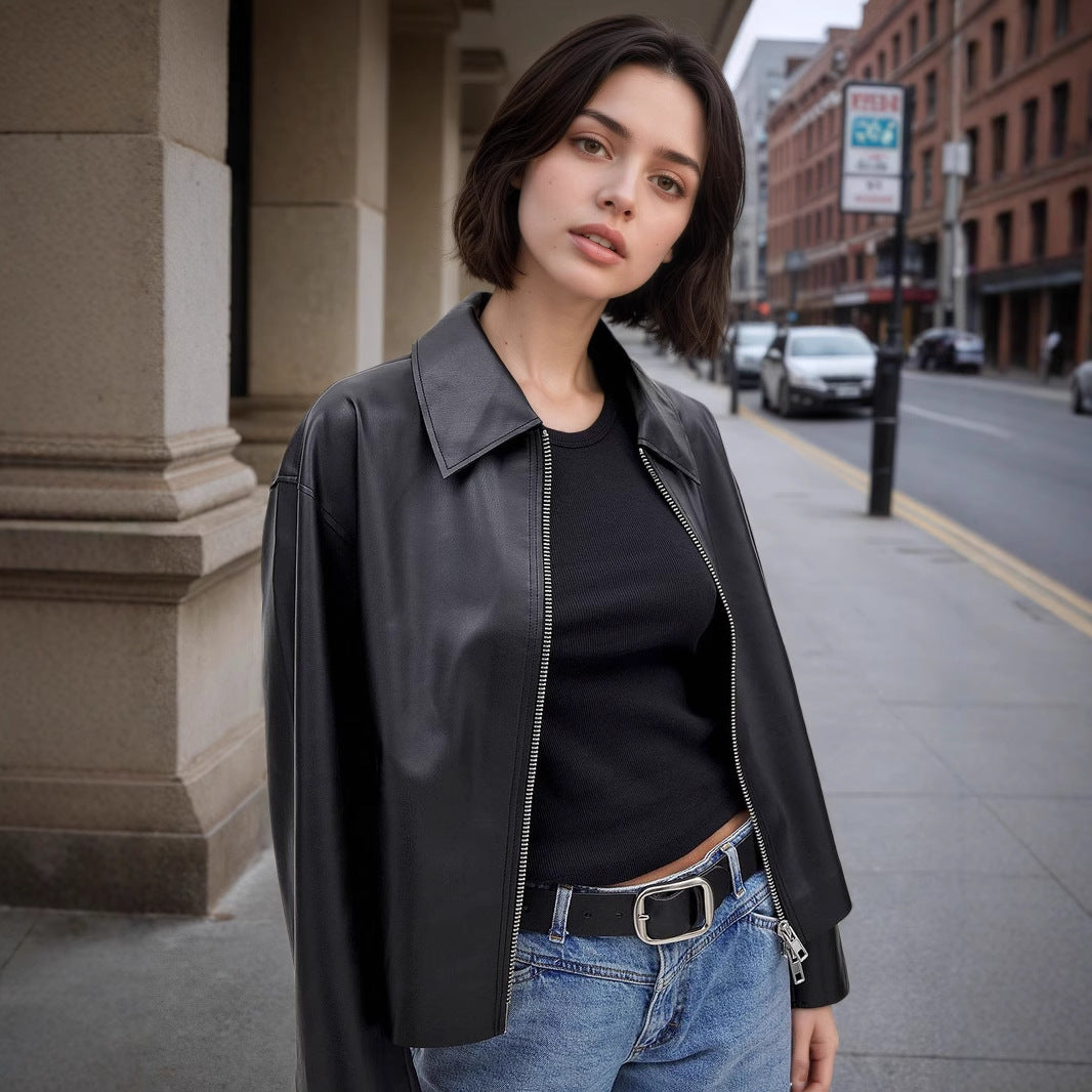 Oversized Faux Leather Jacket with Lapel Collar and Zipper