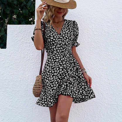 Floral A-Line Mini Dress with V-Neck and Ruffled Hem