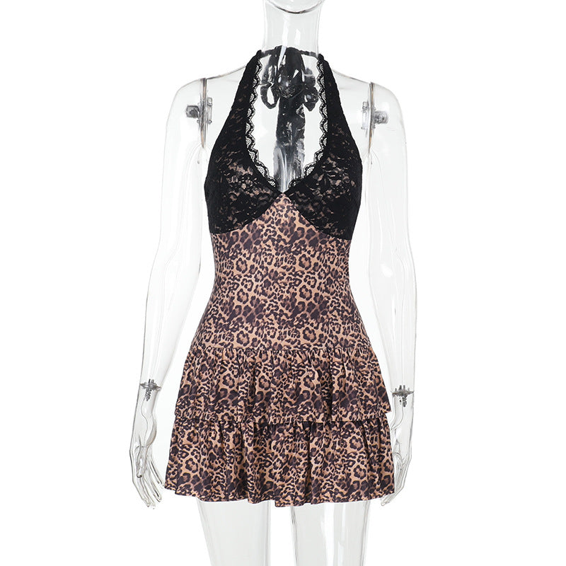 Leopard Print Halter Romper with Lace Trim and Ruffled Shorts