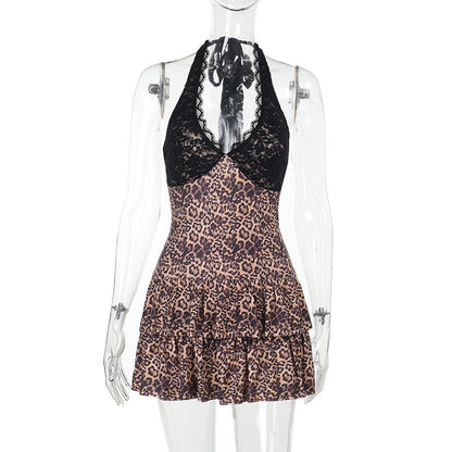 Leopard Print Halter Romper with Lace Trim and Ruffled Shorts