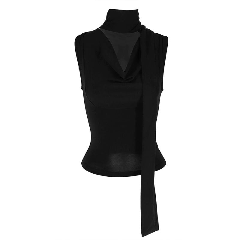 Ruched Sleeveless Top with Cowl Neck and Scarf Tie