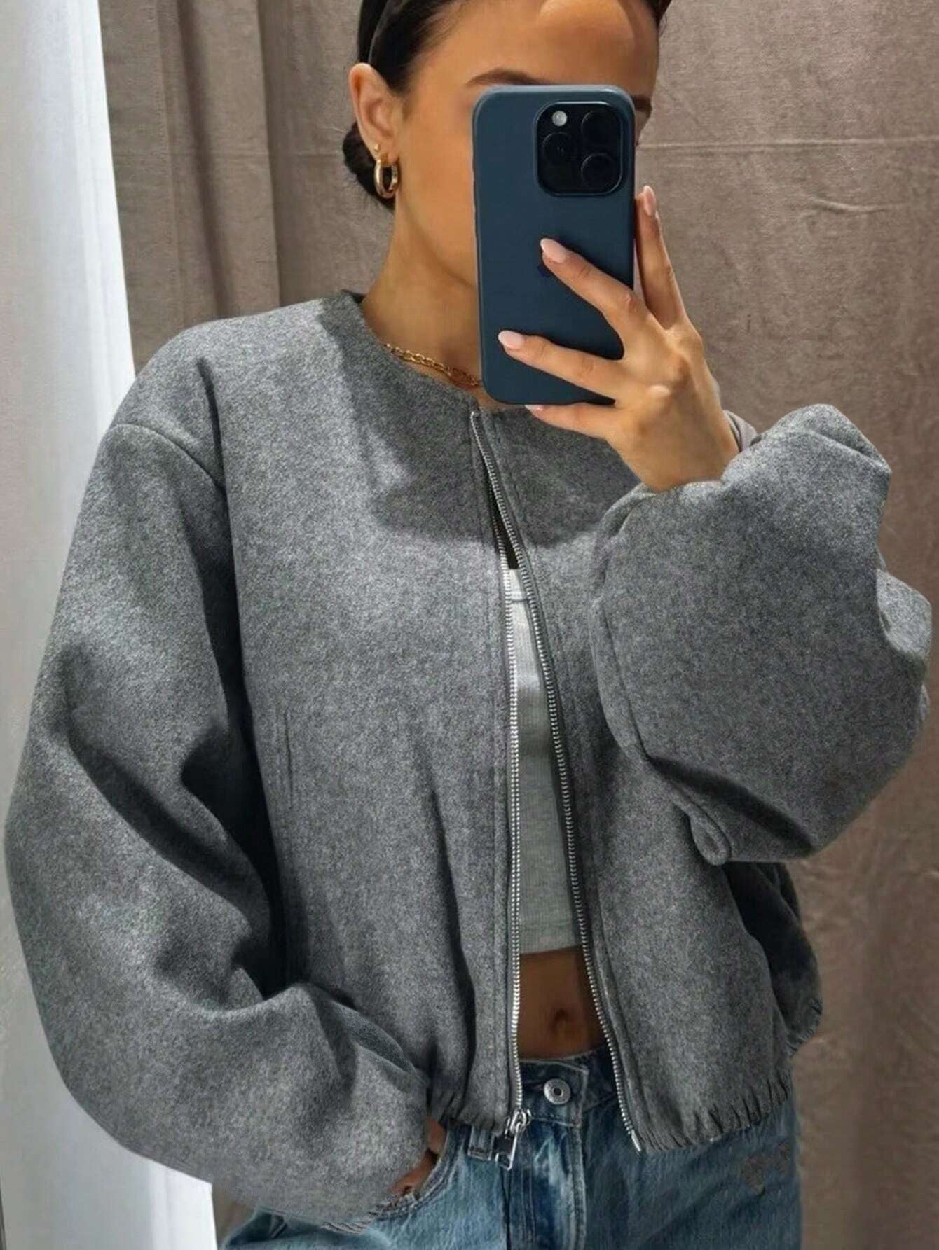 Cropped Corduroy Bomber Jacket with Round Neck