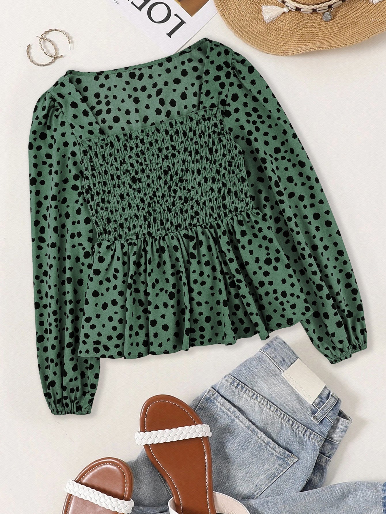 Polka Dot Peplum Blouse with Square Neck and Smocked Bodice