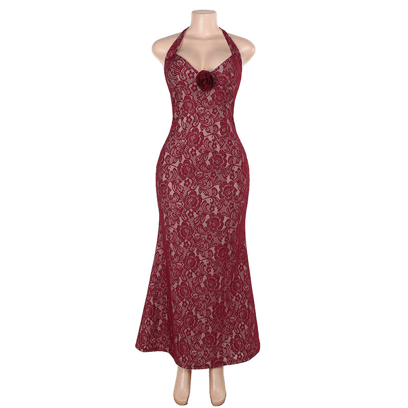 Lace Mermaid Maxi Dress with Halter Neck and Rosette Detail