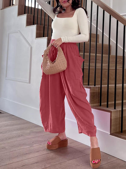 Wide-Leg Pleated Pants with Drawstring Waist and Patch Pockets