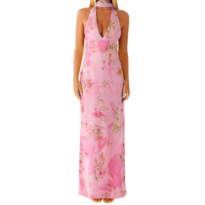 Halter Sheath Maxi Dress with Choker Collar and V-Neck