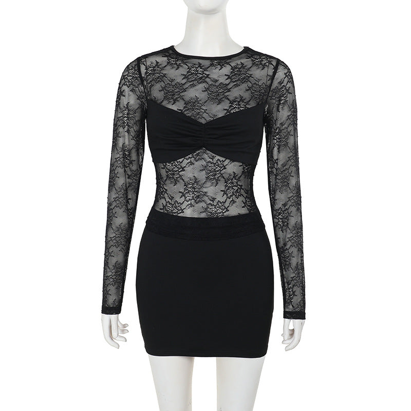 Floral Lace Two-Piece Set with Long-Sleeve Top and Mini Skirt
