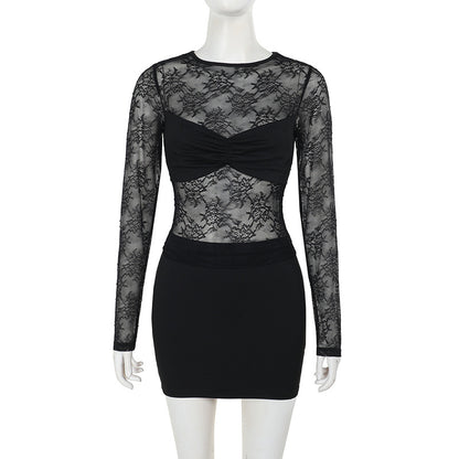 Floral Lace Two-Piece Set with Long-Sleeve Top and Mini Skirt