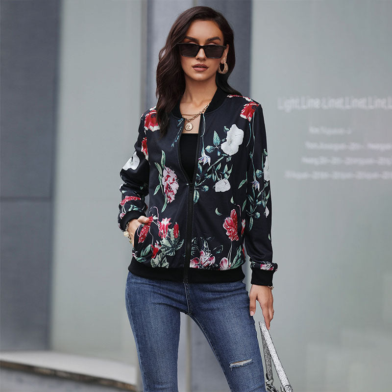 Floral Print Zip-Up Bomber Jacket with Ribbed Trim