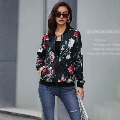 Floral Print Zip-Up Bomber Jacket with Ribbed Trim