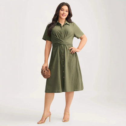 A-Line Midi Shirt Dress with Twist Front and Polo Collar