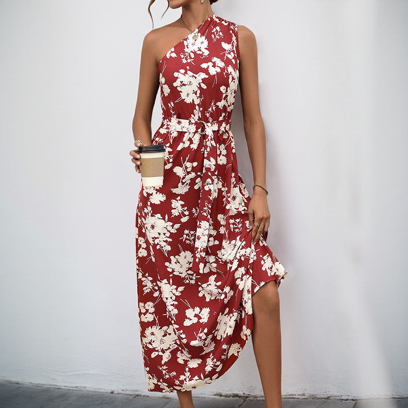 Floral Print A-Line Midi Dress with One-Shoulder and Tie-Waist