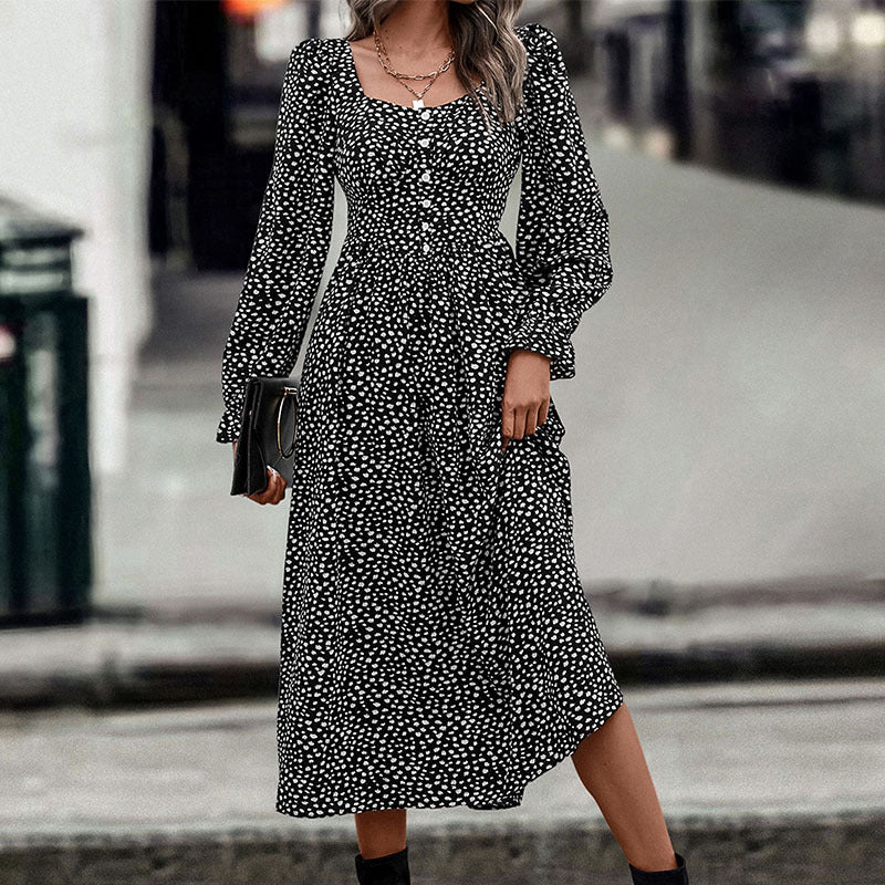 Polka Dot A-Line Midi Dress with Square Neck
