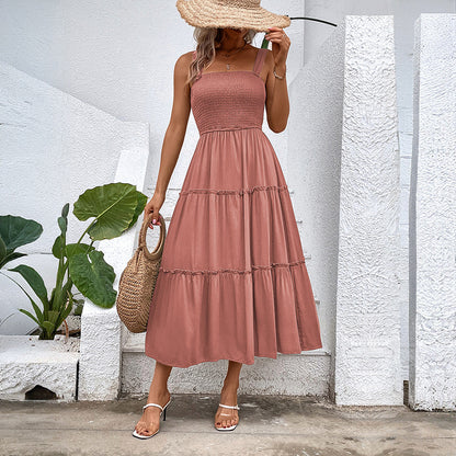 Solid A-Line Midi Dress with Smocked Bodice & Tiered Skirt