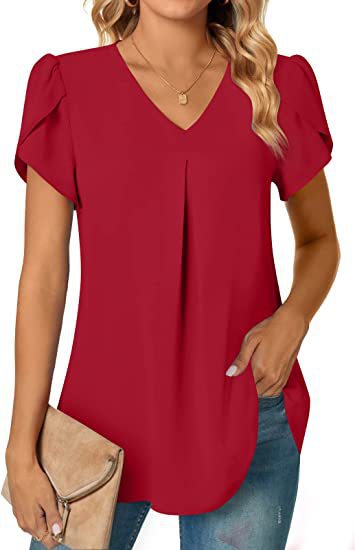 Solid V-Neck Blouse with Petal Sleeves and Pleated Front