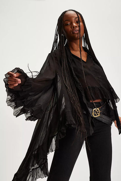 Sheer Chiffon Blouse with Tie-Neck and Ruffled Bell Sleeves