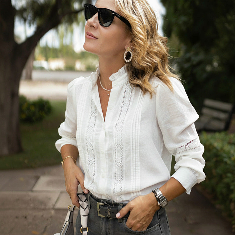 Solid White Blouse with Ruffled Stand Collar and Lace Splicing