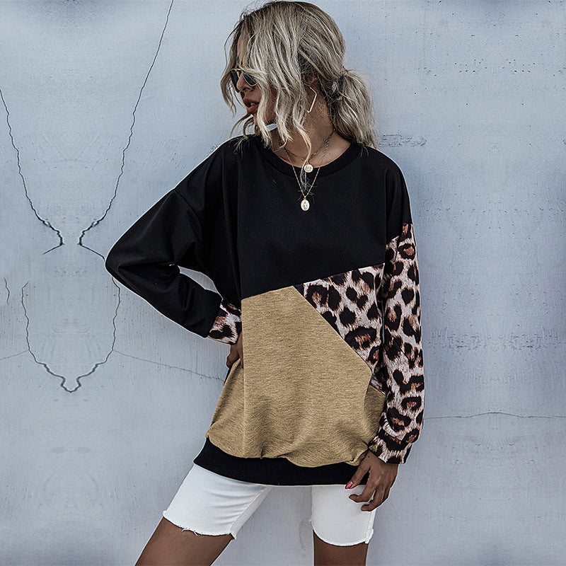 Leopard Print Patchwork Pullover with Crewneck