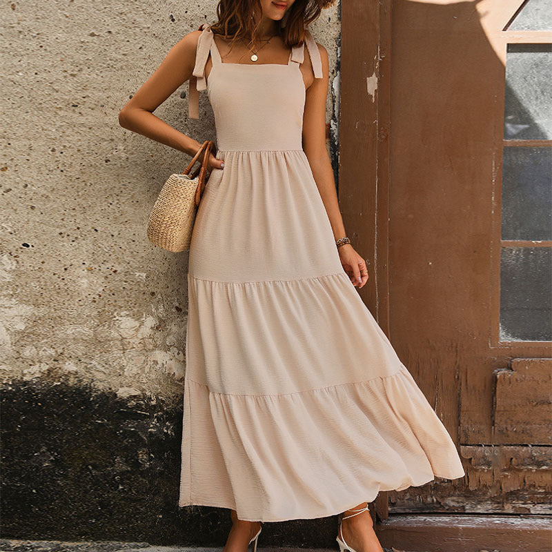 A-Line Solid Maxi Dress with Tie-Shoulder and Tiered Skirt