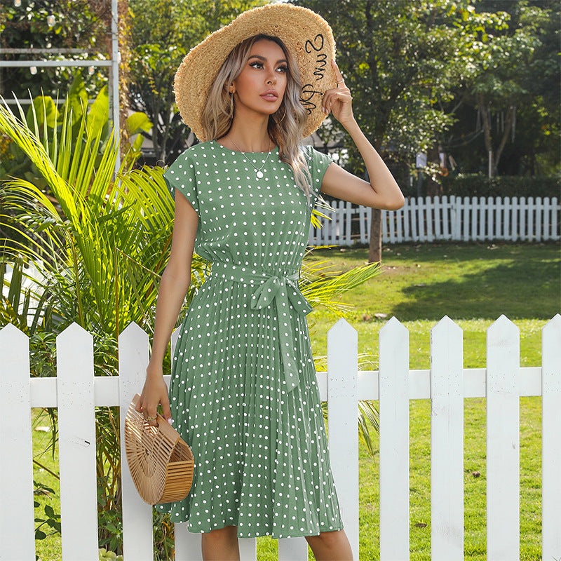 Polka Dot Pleated Midi Dress with Self-Tie Belt