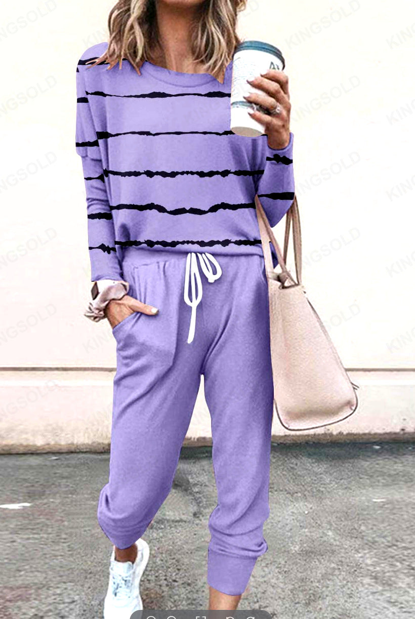 Spliced Long Sleeve Loungewear Set with Jogger Pants
